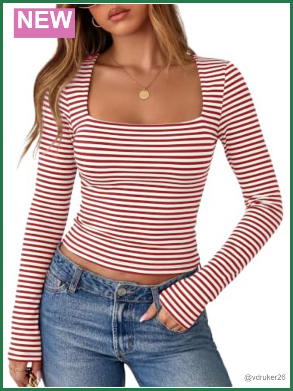 Women Striped Long Sleeve Crop T-Shirt Square Neck Going Out Top